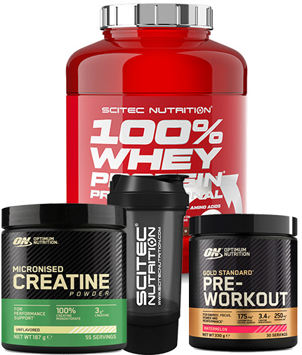 PROMO STACK SCITEC 100% Whey + Creatne + Pre Workout + Shaker